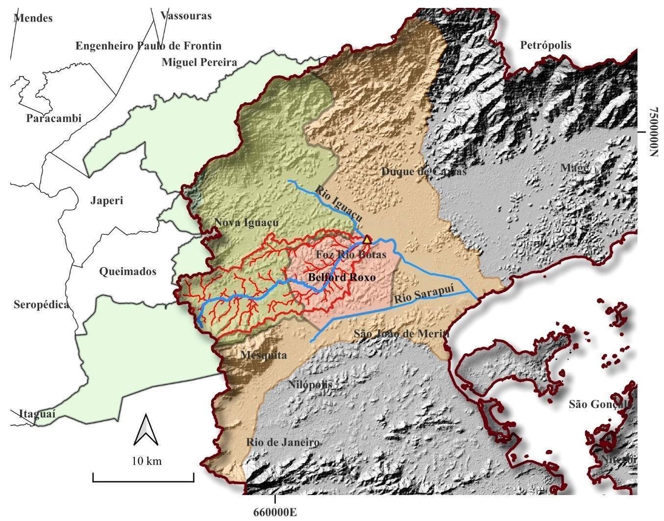 Mapa de localização da bacia do rio Botas e sua rede de drenagem, entre Nova Iguaçu e Belford Roxo, no oeste da Baía de Guanabara.